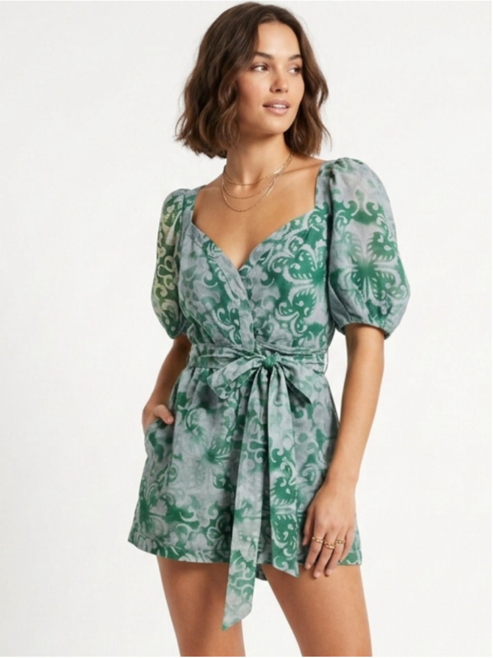Women's Alexis Athenes Puff-Sleeve Linen Blend Wrap Mini Dress Sage Green Large